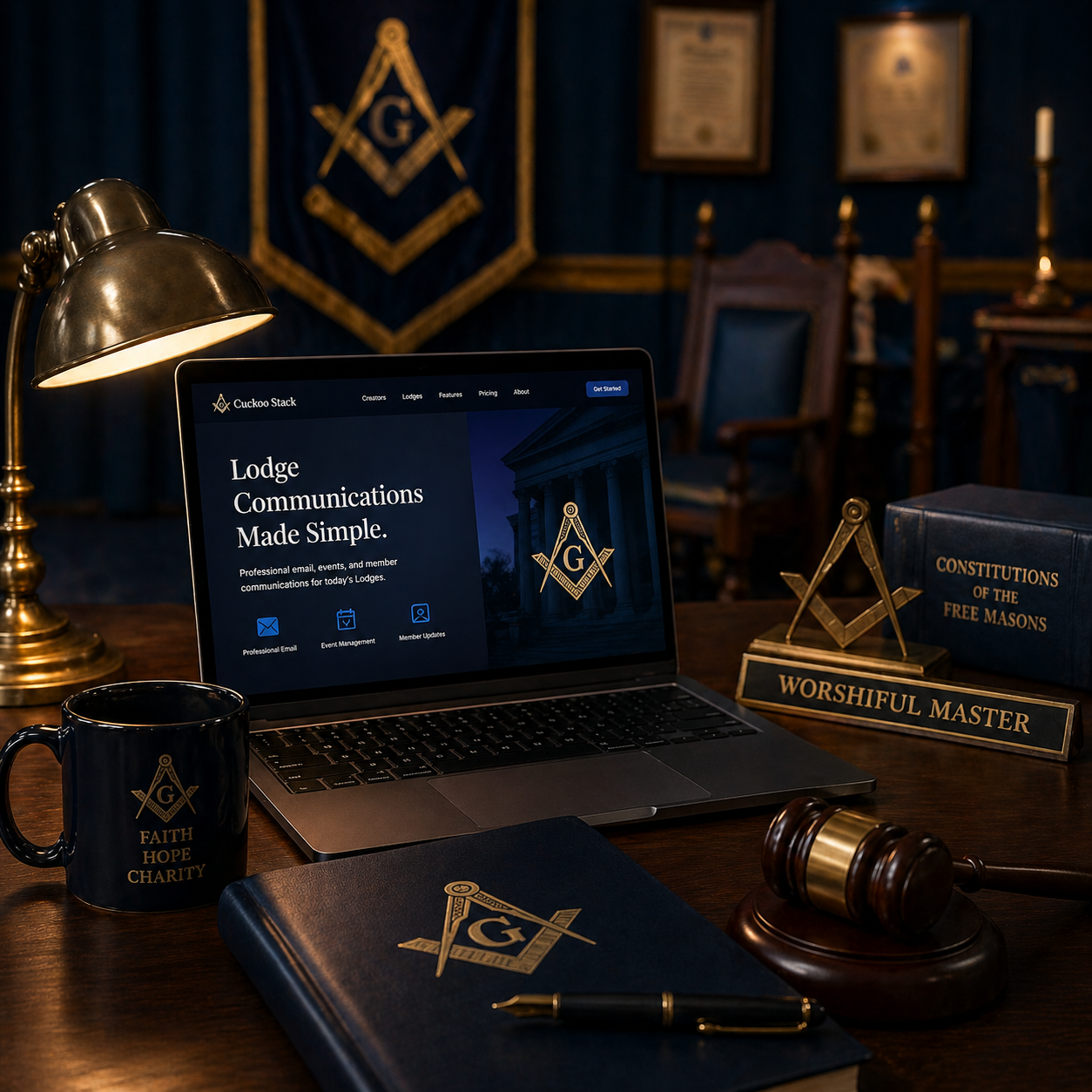 The desk of a Masonic Lodge Secretary, showing a laptop being used to manage Lodge communications, with Lodge papers and ceremonial items nearby.